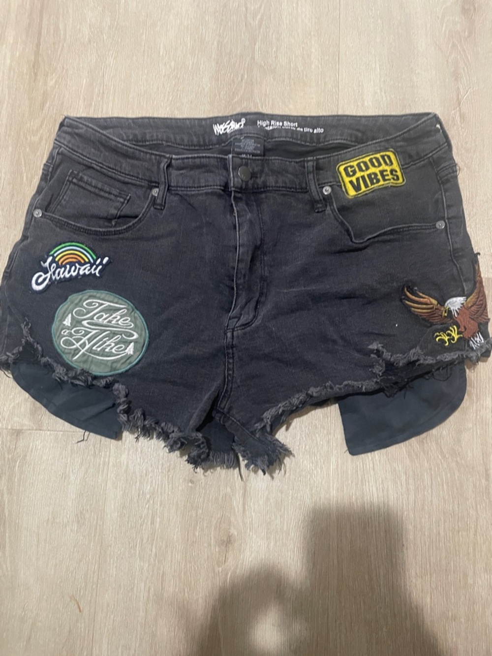 Mossimo Denim High-Rise Black Patch Embroidered Super Stretch Black Jean Shorts
